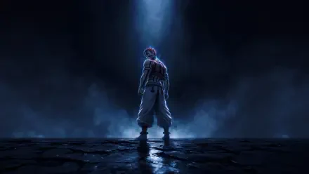 Akaza (Demon Slayer: Kimetsu no Yaiba) anime 5K Ultra HD PC desktop wallpaper/background: Akaza stands alone in a shaft of light, mist and reflections on a dark, wet battlefield.