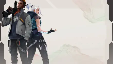 HD PC desktop wallpaper of Valorant agents Phoenix and Jett standing back-to-back against a pale, abstract background.