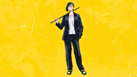 Sakamoto from Sakamoto Days stands in a black suit and white tee, sandals and bat over his shoulder against a textured yellow backdrop — 4K Ultra HD PC desktop wallpaper and background.
