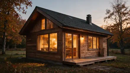 Cozy fall cabin house glowing at dusk amid autumn trees, warm interior lights visible — 2K Quad HD PC desktop wallpaper and background.