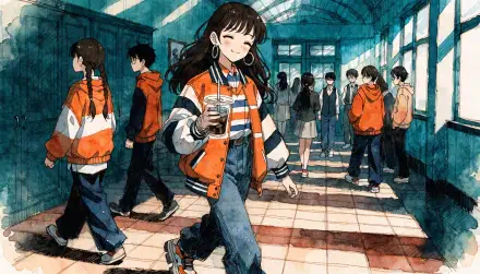 2K Quad HD PC desktop anime school aesthetic wallpaper: cheerful student with drink walks a sunlit school hallway while classmates in orange jackets pass.