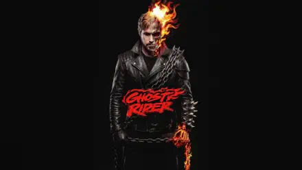 Ghost Rider: half-flaming skull face, studded leather jacket and chain, actor-inspired portrait on black background — 5K Ultra HD PC desktop wallpaper.