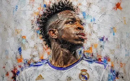 4K Ultra HD desktop wallpaper: textured oil-style portrait of a soccer player in Real Madrid C.F. white kit, intense upward gaze and dynamic brushstroke background.