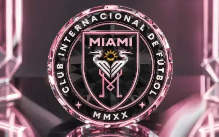 Inter Miami CF crest glowing in pink and black neon, high-detail 4K Ultra HD MLS soccer PC desktop wallpaper and background.