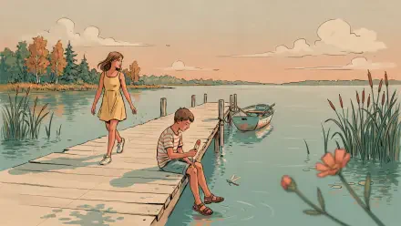End-of-summer 4K Ultra HD PC desktop wallpaper and background: girl strolling and boy reading on a wooden dock, small boat tied at the shore, warm sunset over a tranquil lake.