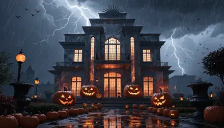 2K Quad HD PC desktop wallpaper: haunted mansion at night with glowing jack-o'-lanterns on the steps, stormy sky and lightning, moody Halloween aesthetic.