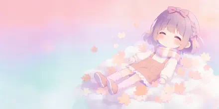Pastel 4K Ultra HD PC desktop wallpaper of a cute anime girl sleeping on a pile of fall leaves, wearing a scarf and bow, surrounded by soft pink and mint tones.