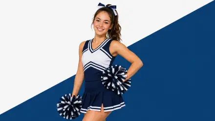 Smiling cheerleader in navy-white Pom-Pom (Honkai: Star Rail) cheerleading uniform holding pom-poms against a diagonal blue-and-white 4K Ultra HD PC desktop wallpaper background.