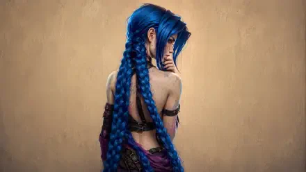 4K Ultra HD digital art PC wallpaper of Jinx (League of Legends): back view with long electric-blue braids, looking over her shoulder against a muted beige background.