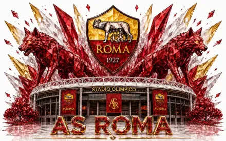 A.S. Roma soccer crest with twin crimson wolves above Stadio Olimpico and 1927 shield, bold AS ROMA in red-gold — sports 4K Ultra HD PC desktop wallpaper background