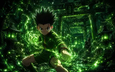 Gon Freecss from Hunter x Hunter in a 4K Ultra HD PC desktop wallpaper: crouched, green aura crackling around him before a torii gate, intense determined stare.
