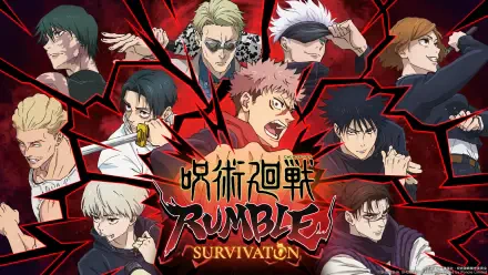 Jujutsu Kaisen 4K Ultra HD PC desktop wallpaper and background poster featuring Yuji Itadori and the anime ensemble in a dynamic red-black collage with the 'RUMBLE: SURVIVATION' logo.