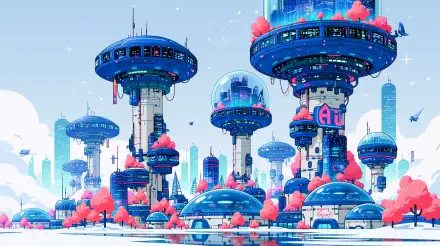 Vibrant sci‑fi cityscape of floating disc towers, glass domes and pink trees beneath a bright blue sky — futuristic city 2K Quad HD PC desktop wallpaper.