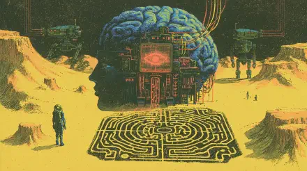 Sci-fi 2K Quad HD PC desktop wallpaper: cybernetic brain-head with circuitry and cables looming over a desert maze, lone astronaut and hovering drones.