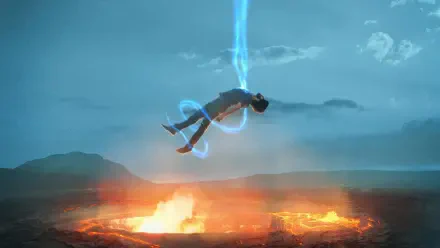 4K Ultra HD PC desktop wallpaper background — a falling figure held in a blue energy beam above a glowing, erupting volcano and molten crater.