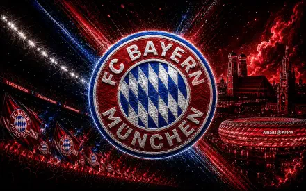 4K Ultra HD PC desktop wallpaper showing FC Bayern Munich crest centered amid red and blue energy streaks, stadium silhouette and soccer motifs.