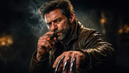 Wolverine/Logan digital art 4K Ultra HD PC desktop wallpaper: grizzled, leather-jacketed mutant with extended claws and a lit cigar, brooding in dark, moody lighting.