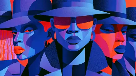 Vibrant stylized portrait of three faces wearing wide-brim hats in bold blue, red and purple tones, high-contrast 2K Quad HD PC desktop wallpaper and background.