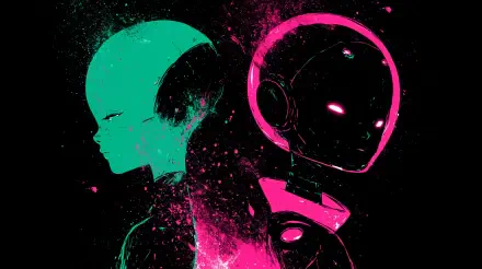 2K Quad HD PC Desktop Wallpaper and Background: neon portrait silhouettes back-to-back — teal human face left, pink helmeted face right on a black, splattered backdrop.