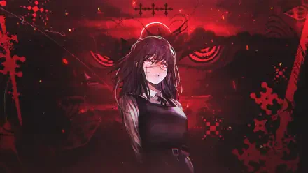 HD PC desktop wallpaper of a Chainsaw Man anime character: dark-haired, blushing woman before a looming red-eyed demonic face in detailed anime art against a blood-red, smoky background.