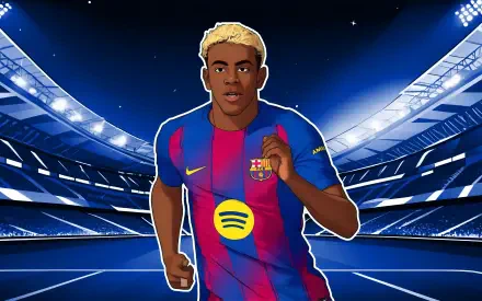 Stylized FC Barcelona soccer player in red-blue kit sprinting across an illuminated stadium — dynamic 4K Ultra HD desktop wallpaper background celebrating soccer and sports.
