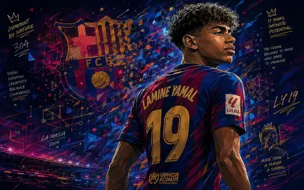 4K PC wallpaper of an FC Barcelona soccer player in #19 jersey glancing over his shoulder, club crest amid vibrant stadium lights and dynamic, colorful sports graphics.