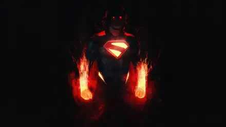 4K Ultra HD PC desktop wallpaper of Superman: shadowed hero with glowing red S-emblem and fiery hands breaking from darkness.