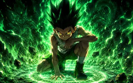 Gon Freecss (Hunter x Hunter) crouched in a crackling green aura, eyes blazing and ready to strike — dynamic 4K Ultra HD PC desktop wallpaper background.