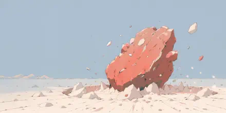 4K Ultra HD PC desktop wallpaper of a red meteorite boulder in a barren desert, asteroid fragments and dust scattering around.