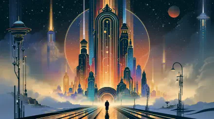 2K Quad HD PC desktop wallpaper: futuristic sci-fi city of towering skyscrapers, glowing arches and moons, lone figure standing on a reflective avenue toward the skyline.