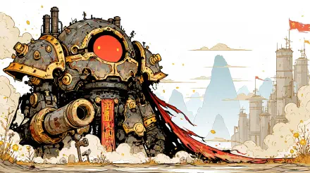 Sci-fi giant mecha robot with brass steampunk armor and a flowing red banner, looming over a cityscape — 2K Quad HD PC desktop wallpaper/background.