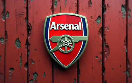 Arsenal F.C. crest centered on worn red wooden planks — soccer club logo as a 4K Ultra HD PC desktop wallpaper and sports background.