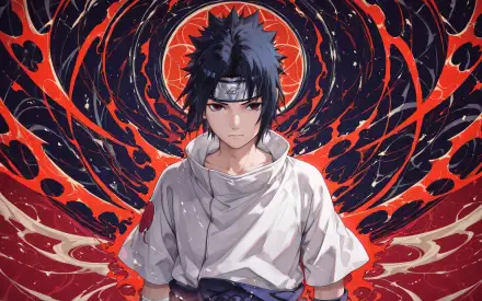 4K Ultra HD PC desktop wallpaper: Sasuke Uchiha (Naruto) stands stoic in white, Sharingan eyes glowing against a crimson and black swirling chakra vortex background.
