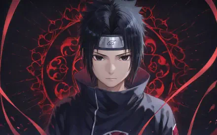 Sasuke Uchiha (Naruto) 4K Ultra HD desktop wallpaper: close-up with forehead protector and dark cloak, intense gaze, red Sharingan motifs swirling against a black background.