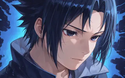 Sasuke Uchiha from Naruto, close-up moody portrait with blue lighting and faint Sharingan detail — detailed 4K Ultra HD PC desktop wallpaper background.