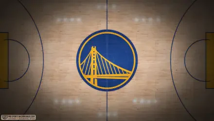 Golden State Warriors logo at center court on an NBA hardwood basketball floor — 4K Ultra HD PC desktop wallpaper.