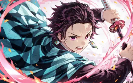 Tanjiro Kamado (Anime) in a dynamic sword strike with swirling pink energy and vivid colors — 4K Ultra HD PC desktop wallpaper and background.