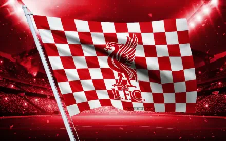4K Ultra HD PC desktop wallpaper: red-and-white checkered flag bearing the Liverpool F.C. Liver bird logo waving above a lit stadium background.
