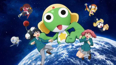 4K Ultra HD PC desktop wallpaper of Sgt. Frog (Keroro) anime cartoon alien and friends floating above Earth with two schoolchildren in uniforms against a starry space backdrop.