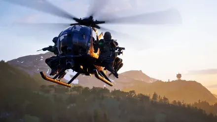 WARDOGS Team17 4K Ultra HD PC desktop wallpaper — a military helicopter hovers over a forested valley at sunrise with armed soldiers aboard.
