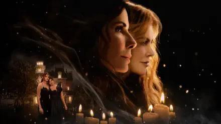 4K Ultra HD PC desktop wallpaper for Practical Magic 2: two women in profile portrait bathed in candlelight, an eerie mansion in the background and wisps of ethereal smoke.
