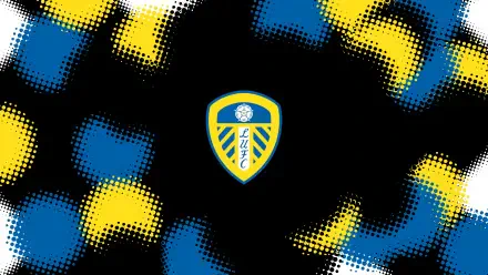 Leeds United F.C. logo centered on black background with blue and yellow halftone splashes — 2K Quad HD PC desktop wallpaper and background.