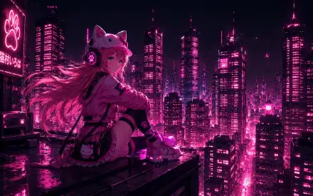 Nekomura Iroha anime sits on a rain-soaked rooftop with cat headphones, overlooking a neon pink cyberpunk skyline — 4K Ultra HD PC desktop wallpaper and background