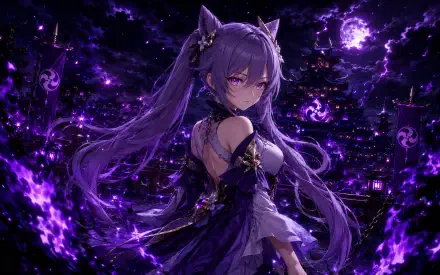 Anime-style 4K Ultra HD PC wallpaper of Keqing (Genshin Impact): purple-haired, cat-eared figure amid swirling violet electro energy.