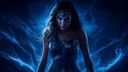 Digital art of Wonder Woman in armor, standing amid crackling blue lightning, intense gaze — 4K Ultra HD PC desktop wallpaper and background.