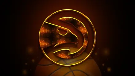 Atlanta Hawks NBA 4K Ultra HD PC desktop wallpaper: glowing gold Hawks logo above a basketball on a dark, fiery background.