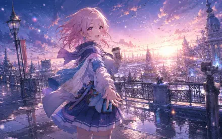 Pink-haired anime girl reaches out on a snowy city bridge at sunset — March 7th (Honkai: Star Rail), 4K Ultra HD PC desktop wallpaper.
