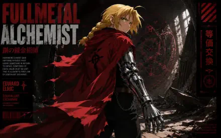 Edward Elric from Fullmetal Alchemist in a ruined hall, red coat billowing and automail arm extended; 4K Ultra HD anime PC desktop wallpaper/background.