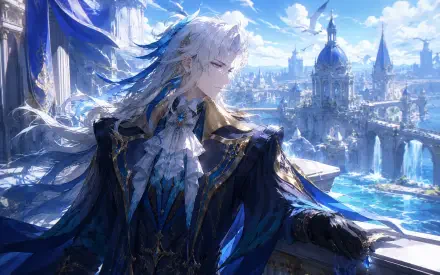 Neuvillette (Genshin Impact) in anime 4K Ultra HD PC desktop wallpaper, standing on a sunlit balcony overlooking a luminous, cascading water cityscape.