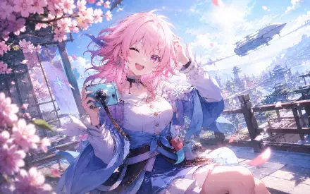 March 7th (Honkai: Star Rail) anime girl laughing amid falling cherry blossoms on a sunlit terrace, holding a cup — 4K Ultra HD PC desktop wallpaper background.